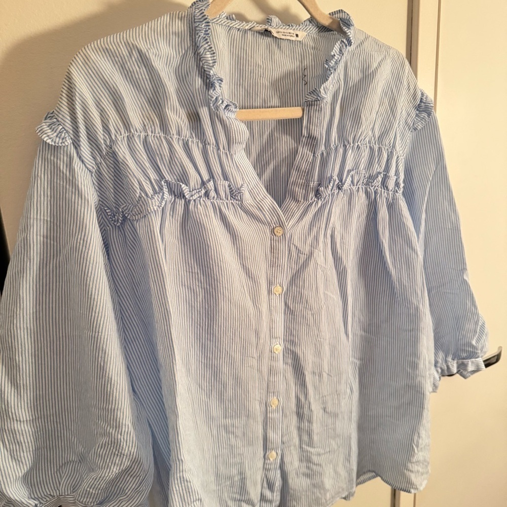 ZARA poplin pinstripe blue ruffle blouse - Picture 5 of 5
